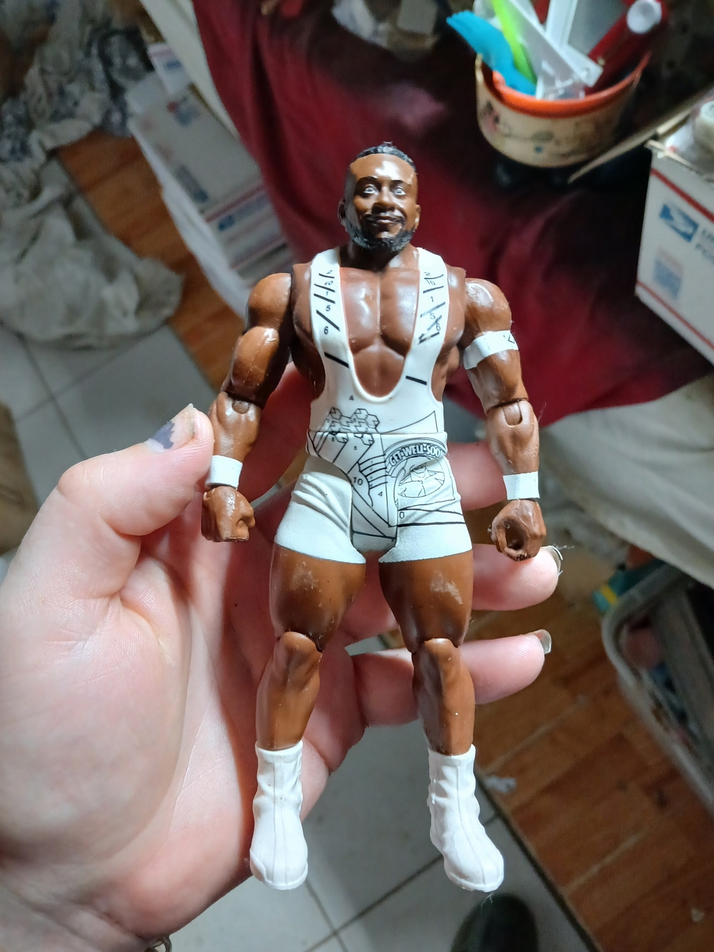 Mattel WWE Top Picks / Basic Series Big E action figure wearing white ring gear.